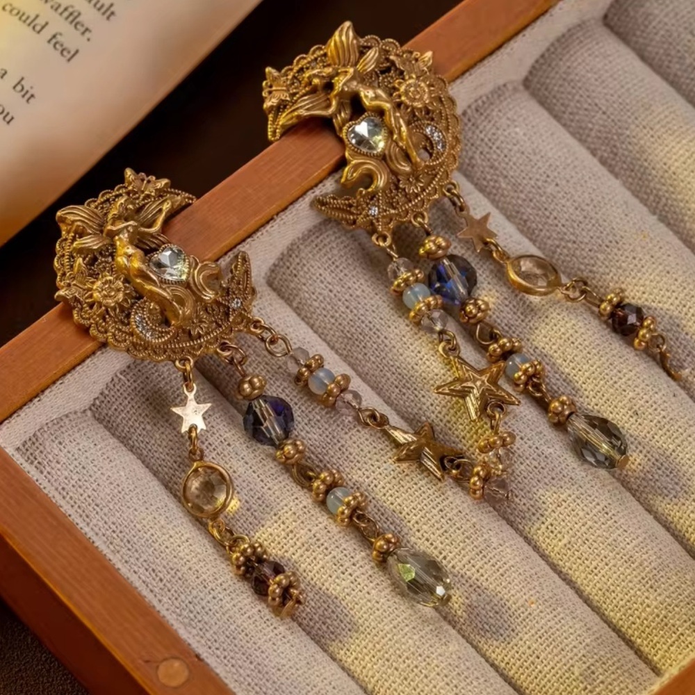 Vintage Antique Victorian Celestial Moon Dragon Earrings - Picture 7 of 8